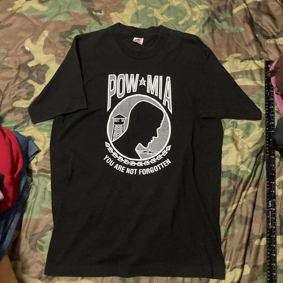 Vintage 90s FOTL POWMIA black single stitch tee cotton washed size L/20 - Picture 2 of 8